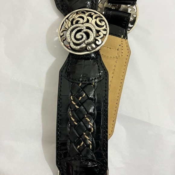 Brighton black leather Concho  braided belt, Slver Rose rhinestone hardware. - Picture 3 of 3